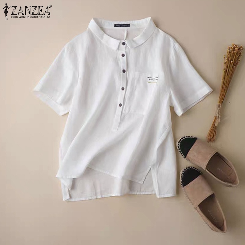 Áo sơ mi ZANZEA tay ngắn cổ bẻ cài nút màu trơn thời trang cho nữ