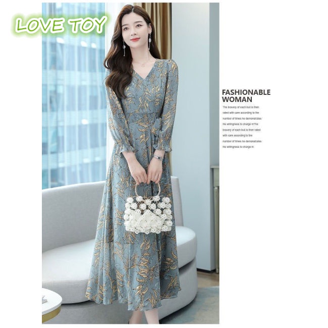 Đầm Tay Dài Cổ Chữ V In Họa Tiết Thanh Lịch Dành Cho Nữ