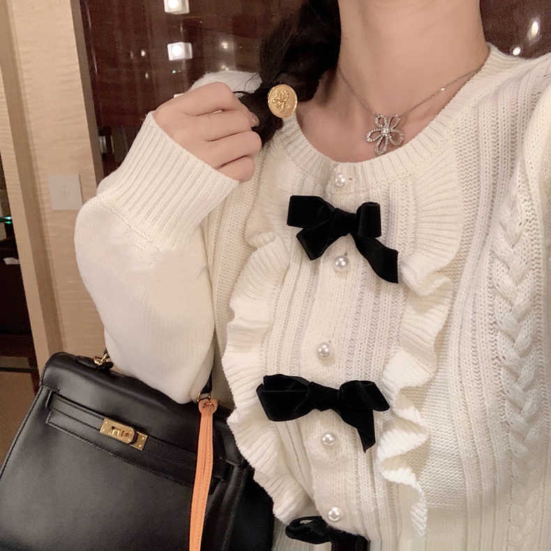 Áo sweater ZHELIHANGFEI dệt kim phối nơ màu đen phong cách phương tây dễ phối đồ dành cho nữ