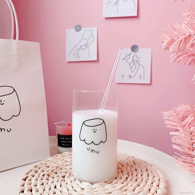 🌼🌼Cốc thủy tinh dáng cao họa tiết hoạt hình kawaii "umu" siêu đáng yêu kèm ống hút