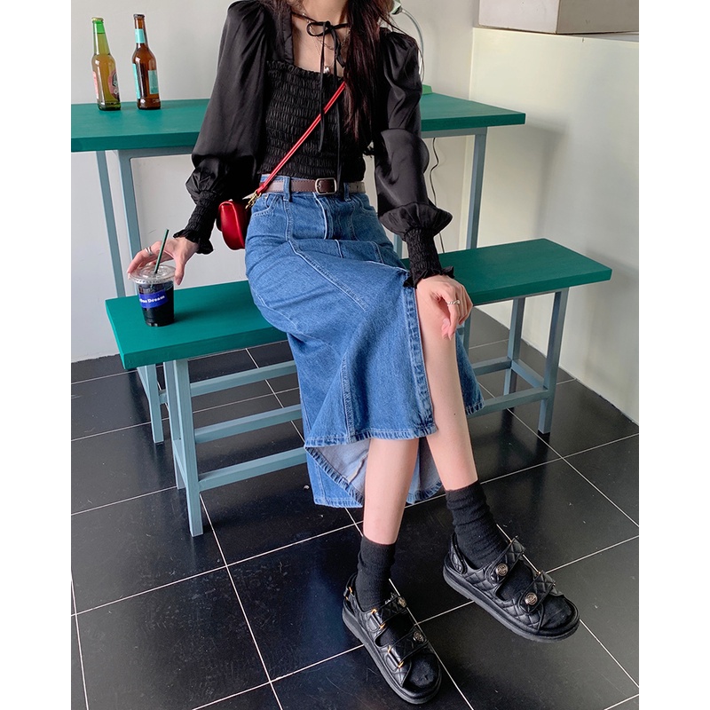 Chân váy jean kiểu dáng đuôi cá lưng cao thời trang cho nữ 45218