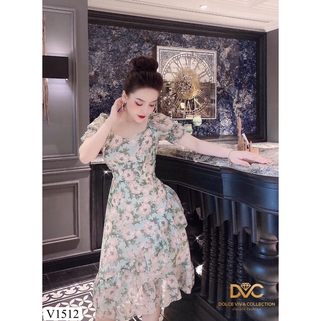 Váy hoa xanh thiết kế V1512 - ĐẸP SHOP DVC ( Ảnh mẫu và ảnh trải sàn do shop tự chụp )