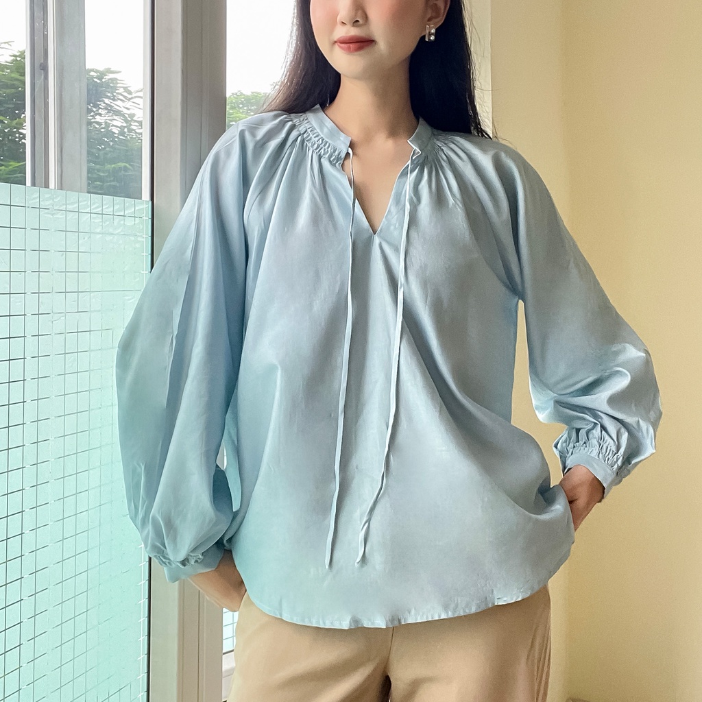 Áo kiểu nữ dài tay cổ xẻ cách điệu nhẹ nhàng Cari [ Méo Shop ]