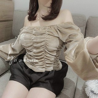 Áo Nhung Kiểu Trễ Vai Thân Tay Dài Nhún Ngực Hot Trend Thu Đông Điệu Đà TTKXA0036