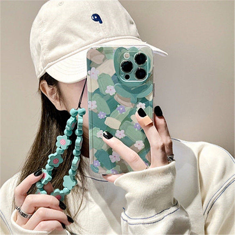 Green Oil Painting Flower Iphone13/12pro Apple 11/XR Phone Case Xs/Max Chain 7/8Plus Female BEtx