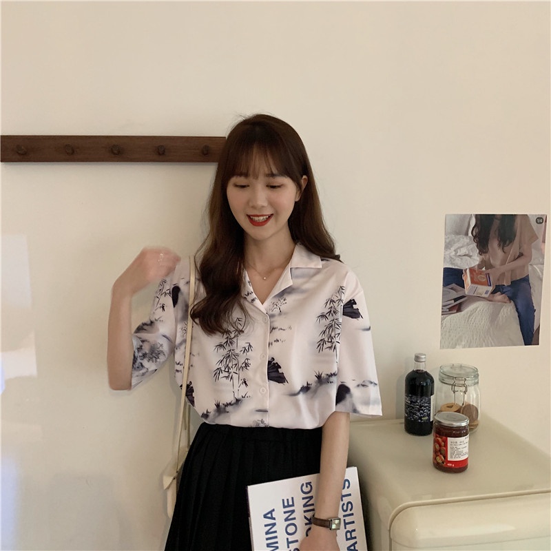 Áo Sơ Mi Tay Ngắn In Họa Tiết retro Thời Trang Cho Nữ