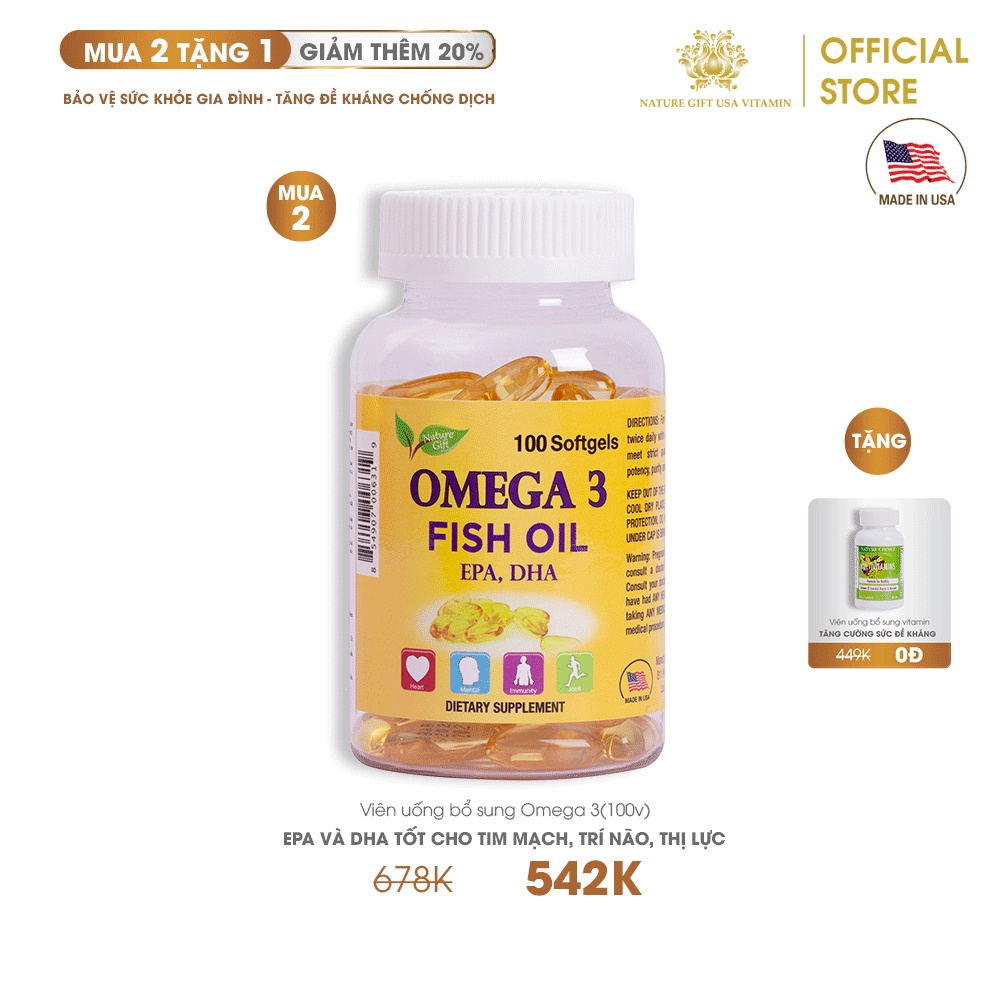 [MUA 2 TẶNG 1] Combo 2 Omega 3 100V+ tặng 1 hộp Viên uống Multivitamin Nature Gift USA