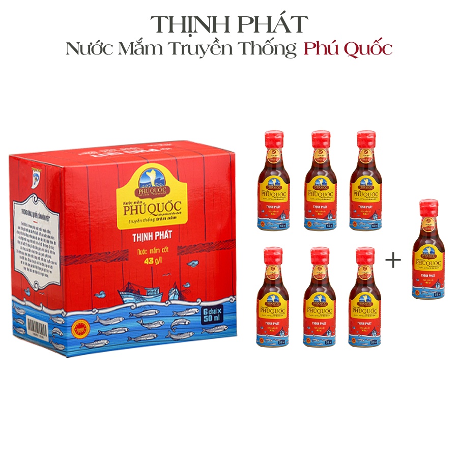 Combo hộp 6 chai 50ml Phú Quý 43 độ đạm và 1 chai Phú Quý 50ml 43 độ nước mắm Thịnh Phát- chai thuỷ tinh