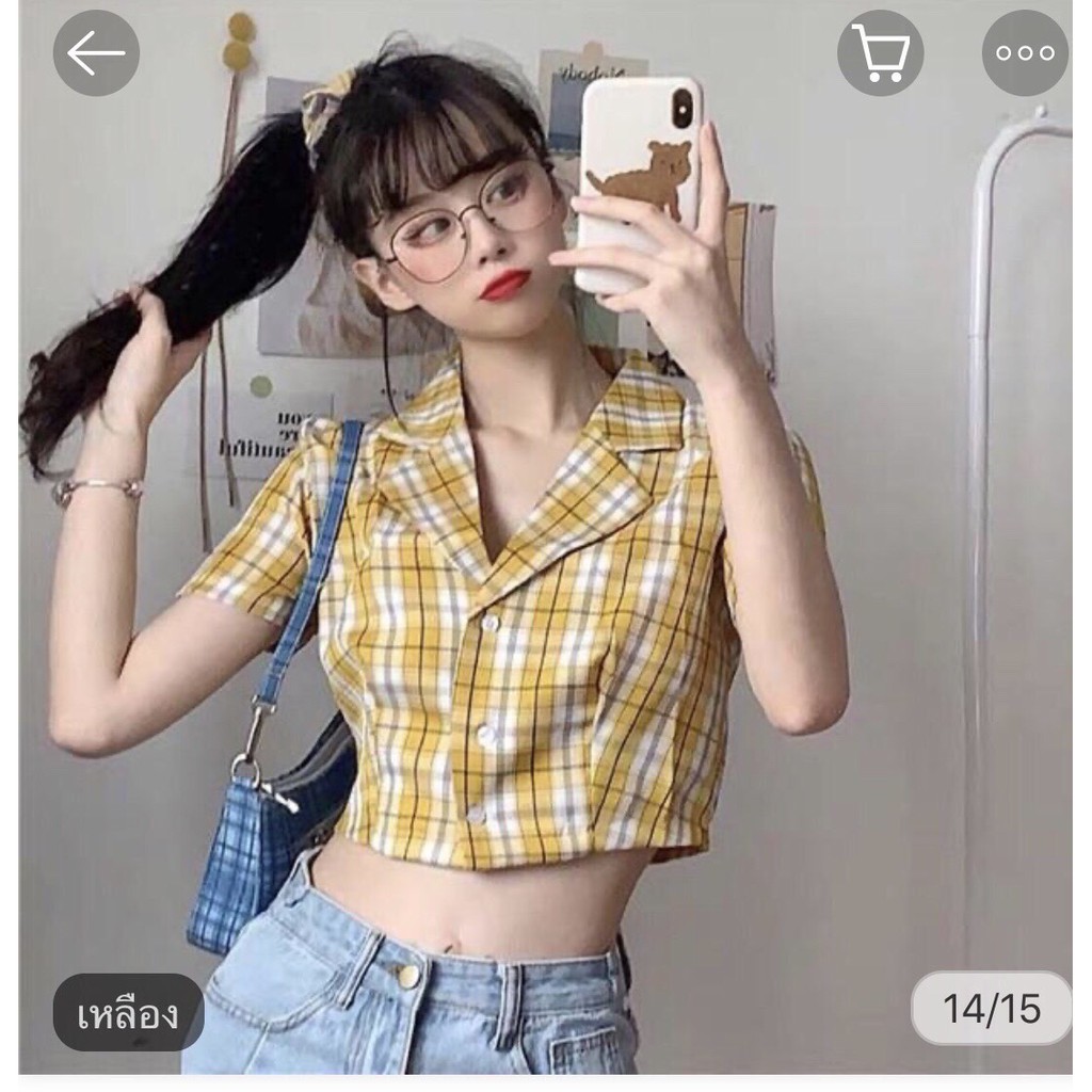 Áo Sơ Mi Croptop🌸 Tay Ngắn Kẻ Caro Chất Thô Mềm🌸Áo Croptop Cổ Vest Kẻ Caro🌸 | BigBuy360 - bigbuy360.vn