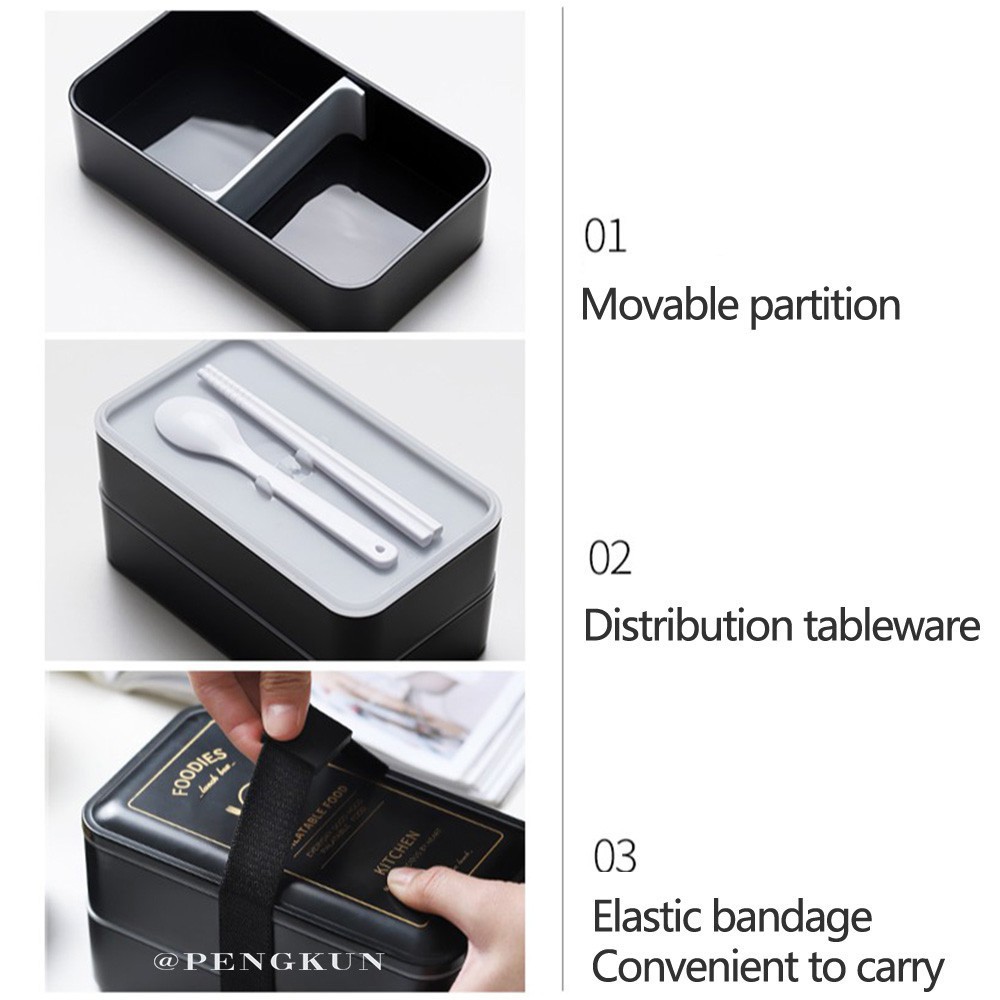 Hộp Đựng Cơm Trưa Hai Tầng Màu Đen Có Thể Dùng Trong Lò Vi Sóng Phong Cách Nhật Bản