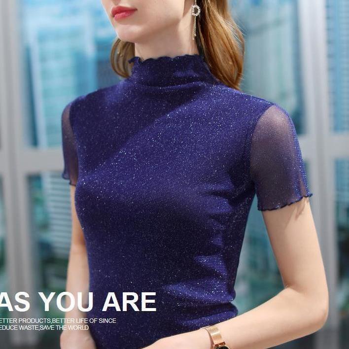 Áo Thun Tay Ngắn Cổ Lọ Phối Lưới Màu Hồng Thời Trang Cho Nữ