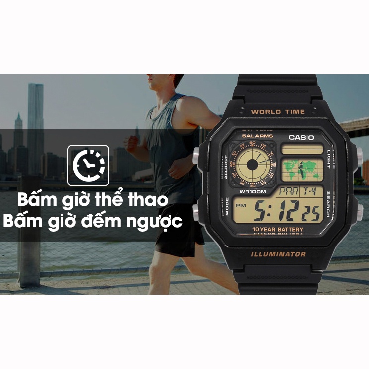 Đồng Hồ Casio Nam AE-1200WH-1BVDF Dây Nhựa - Mặt Vuông Điện Tử - Pin 10 Năm