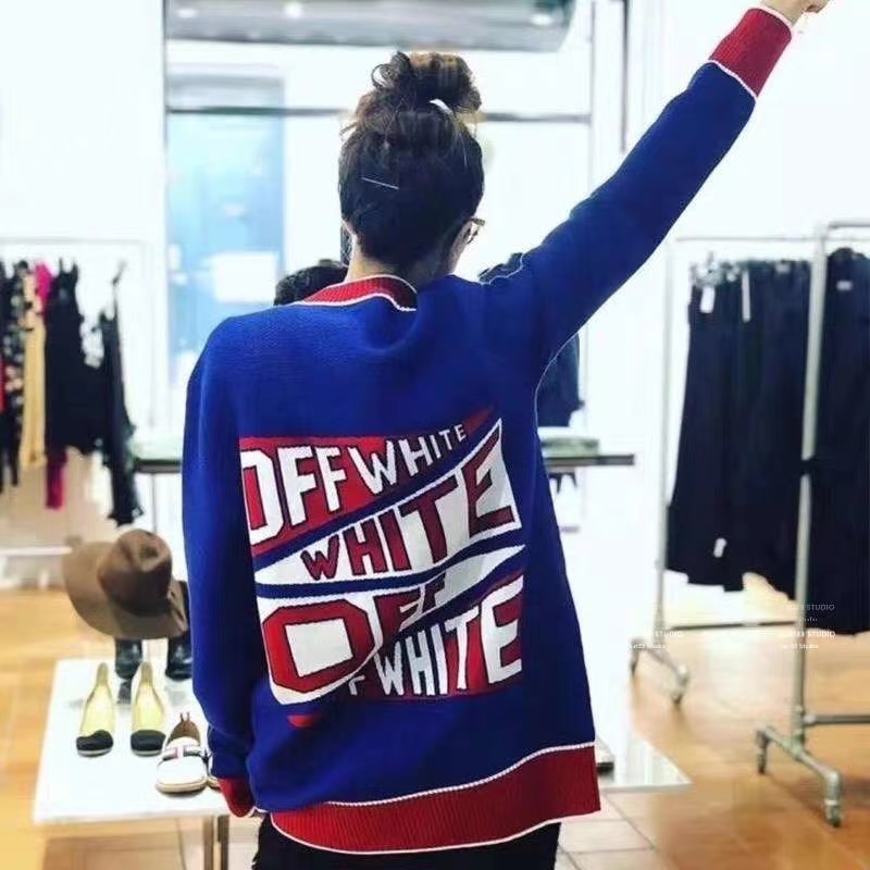 OFF-WHITE Áo Khoác Len Cardigan Cổ Chữ V Đính Khuy Trẻ Trung Hợp Thời Trang