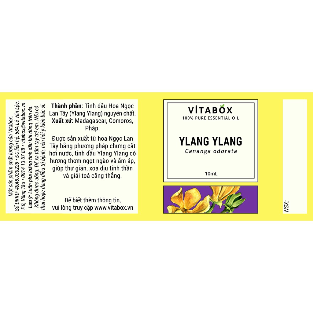 Vitabox - Tinh Dầu Hoa Ngọc Lan Tây (Ylang Ylang) - 100% Thiên Nhiên Nguyên Chất - Natural Essential Oil