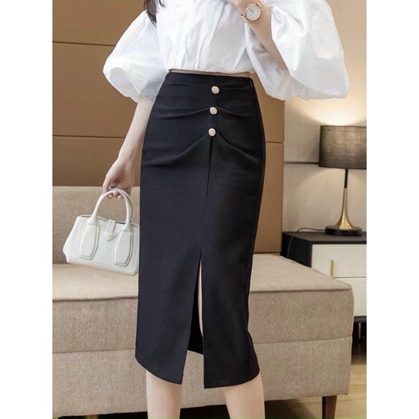 Chân váy bút chì sẻ trước công sở chất co dãn phối 3 khuy | BigBuy360 - bigbuy360.vn