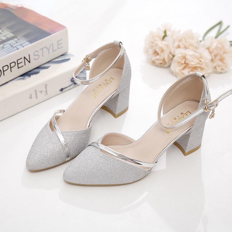 Giày cao gót nữ đẹp đế vuông 5 phân hàng hiệu JH hai màu trắng vàng da mềm