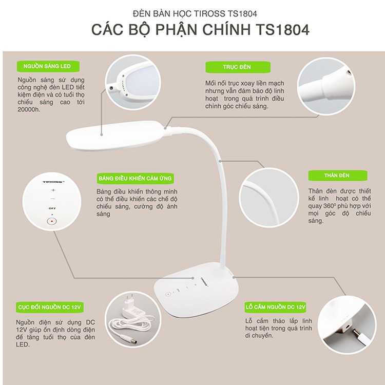 [FREESHIP] Đèn bàn led chống cận 6W 3 màu ánh sáng TIROSS TS1804 - Hàng chính hãng, bảo hành 12 tháng