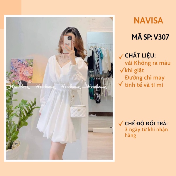 Đầm trắng nữ cổ tim tay bồng phong cách hàn quốc NAVISA V307