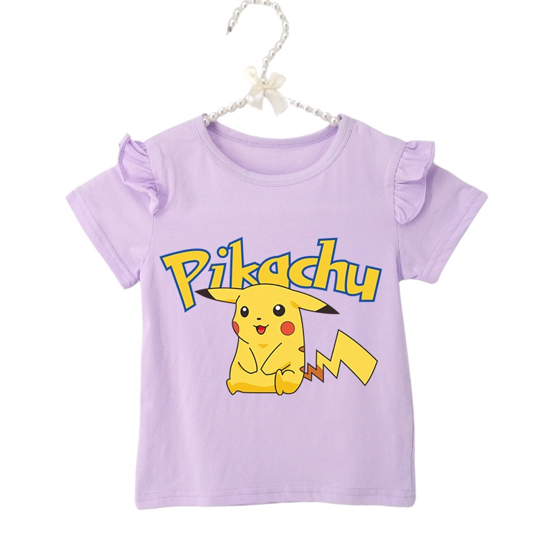 Áo Thun Tay Ngắn Chất Liệu 100% Cotton Thoáng Khí In Hoạ Tiết Pikachu Dễ Thương Xinh Xắn Dành Cho Bé Gái