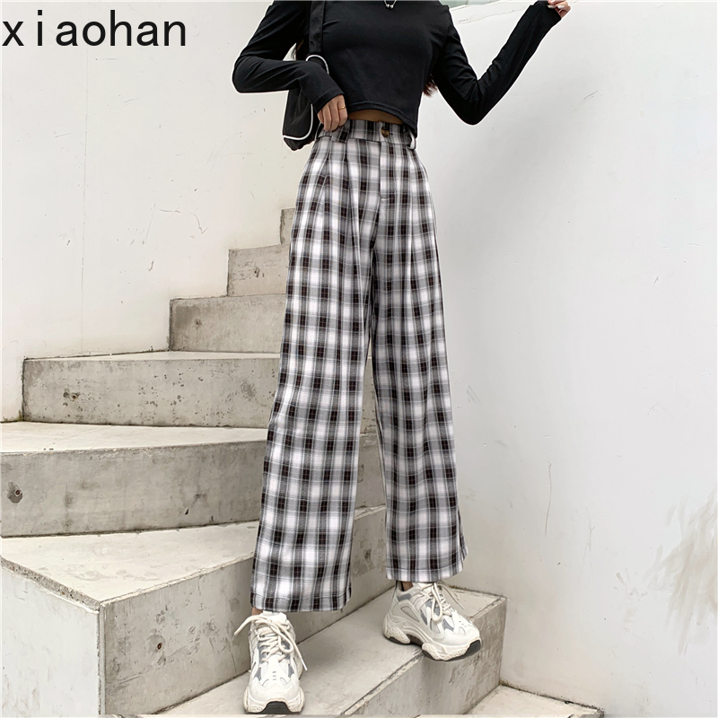 Xiaohan Lattice Wide-leg Pants Women's Drape Loose Straight Mopping High Waist Casual Trousers Gingham Plaid Pants