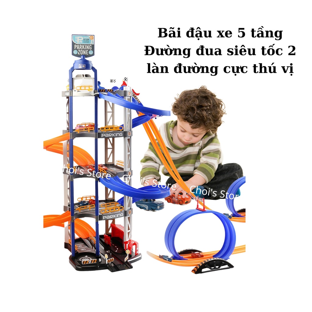 (Kèm 8  ô tô) Đồ chơi đường đua ô tô, tòa nhà để xe 5 tầng 2 trong 1