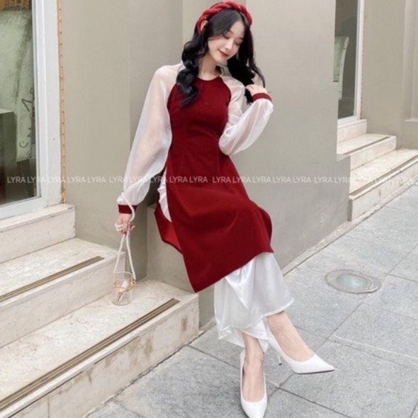 Áo Dài , Áo Dài Cách Tân  đỏ phối tay voan siêu trẻ trung ★QA