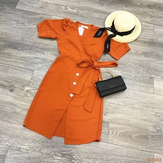 [ Hình thật ] D1402 Đầm cam đắp chéo cột eo