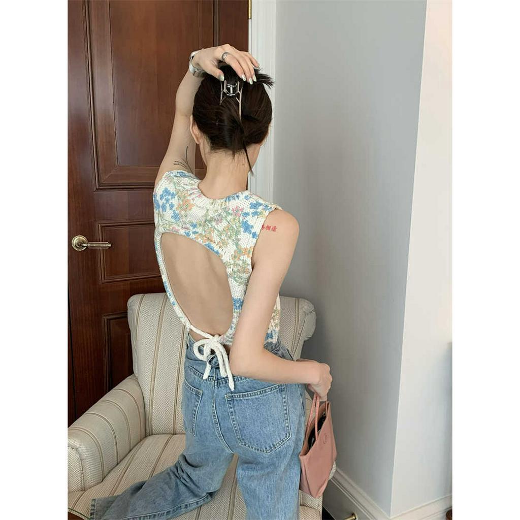 Áo Thun Dệt Kim Mỏng Sát Nách Cổ Tròn Hở Lưng Thời Trang Cho Nữ