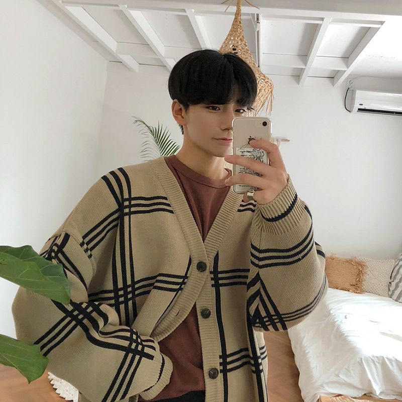 Áo khoác len Cardigan thu đông form rộng kẻ ô sọc cho nam