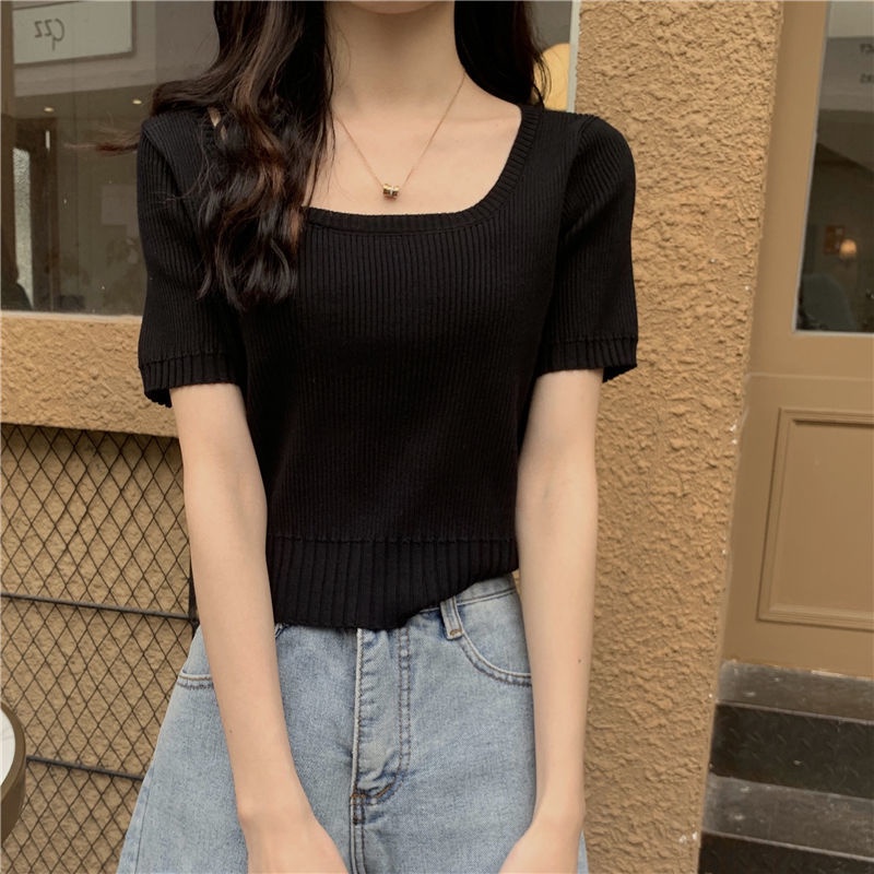 Áo kiểu BH dệt kim tay ngắn cổ vuông thời trang dành cho bạn nữ