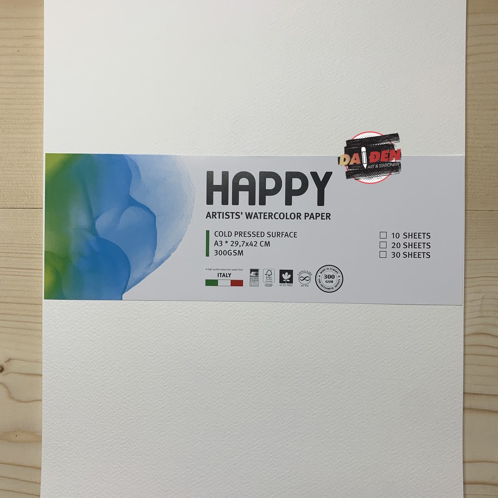 [DA ĐEN] Giấy Vẽ Màu Nước Happy 300gsm A3 10 Tờ