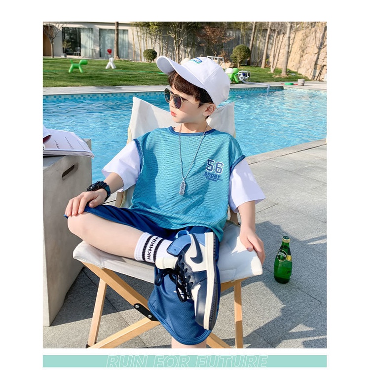 Bộ Đồ Thể Thao Áo Thun Tay Ngắn Phối Quần Short Phối Lưới Thoáng Khí Kiểu Hàn Quốc Cho Bé Kích Thước 100-160cm