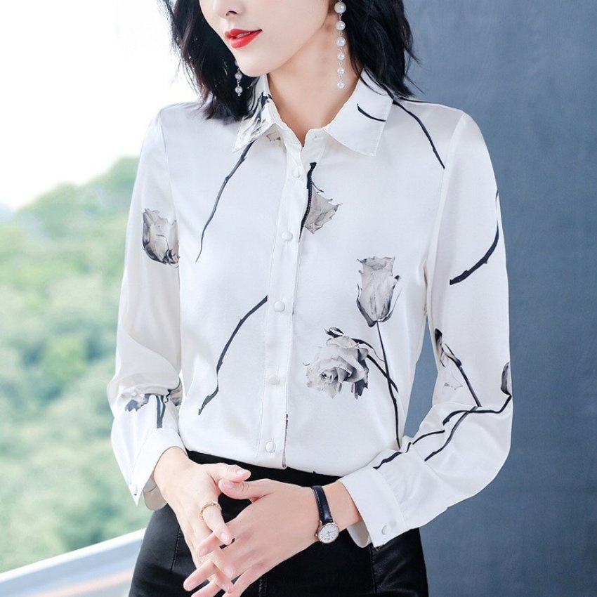 Áo Sơ Mi Công Sở Nữ Dài Tay Phối Họa Tiết Hoa Hồng Chất Liệu Cao Cấp Mềm Mịn Thoáng Mát