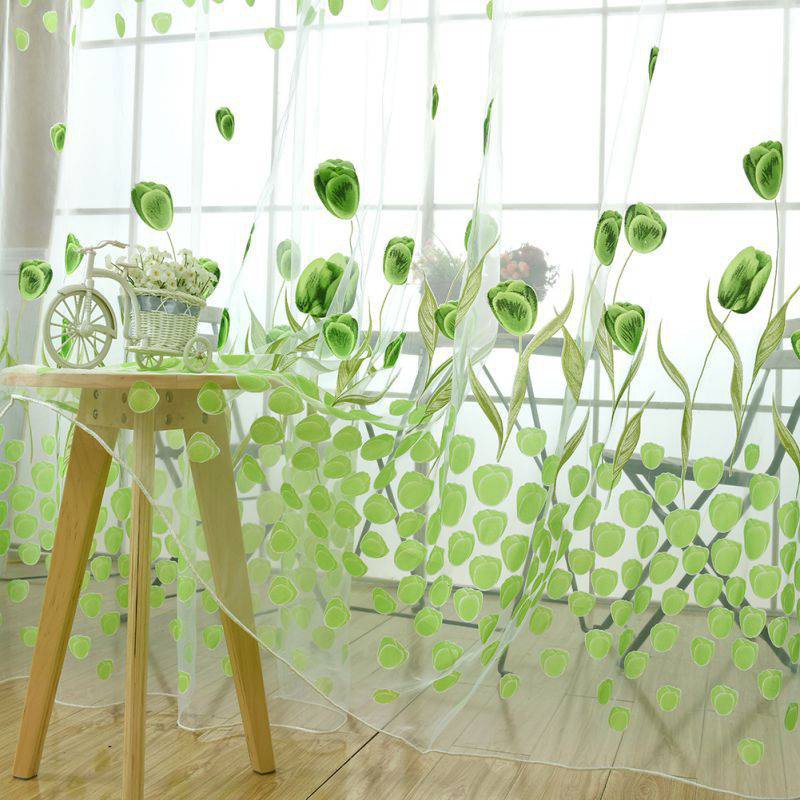 Rèm cửa voan in hình hoa Tulip có dây để buộc rèm