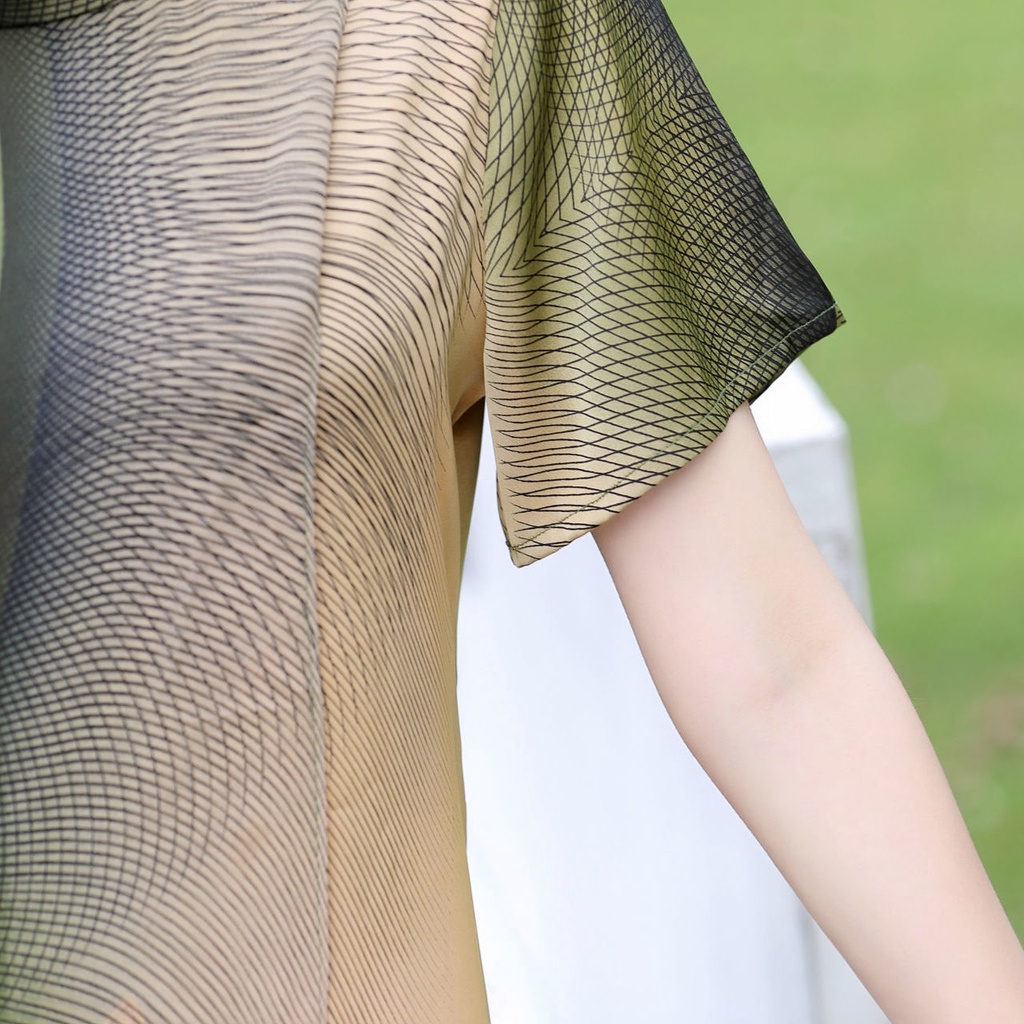 Đầm Chiffon Dài Đến Đầu Gối Dáng Rộng Tay Ngắn Cổ Tròn Thoáng Khí Màu Xanh Navy Xanh Lá Cây Cl
