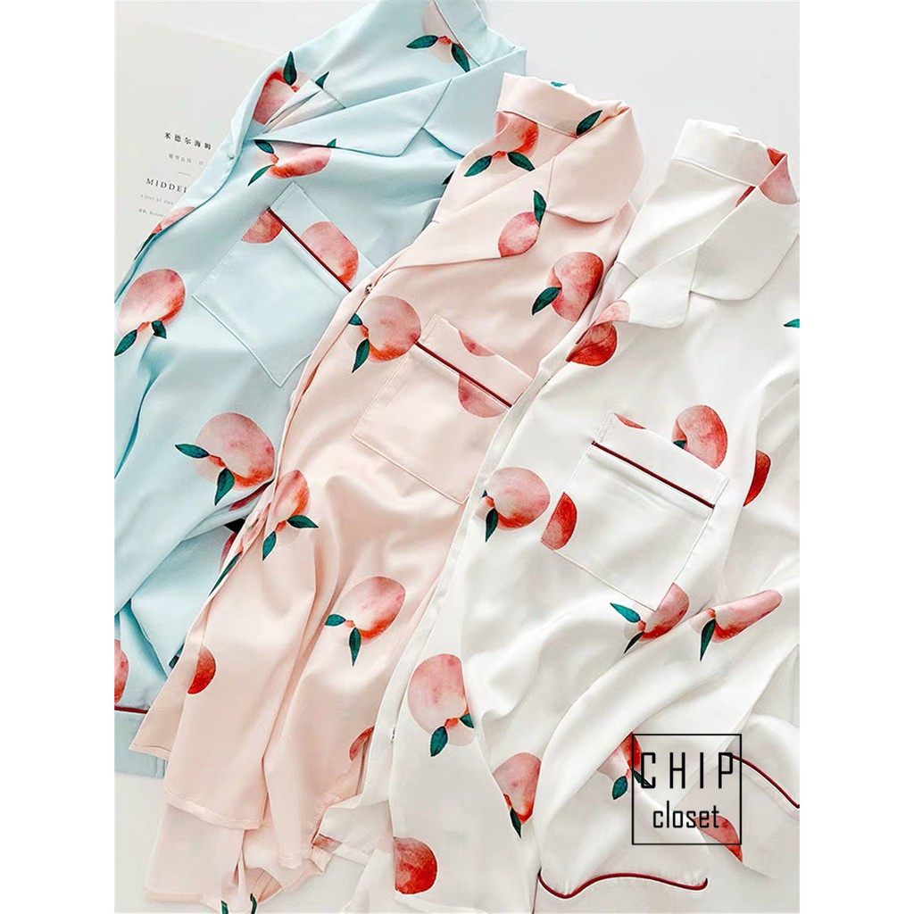 Bộ Đồ Ngủ Mặc Nhà Lụa Satin Cao Cấp  Bộ Pijama Lụa Chất Mát Hoạ Tiết Trái Cây 4 Màu Mùa Hè CC010