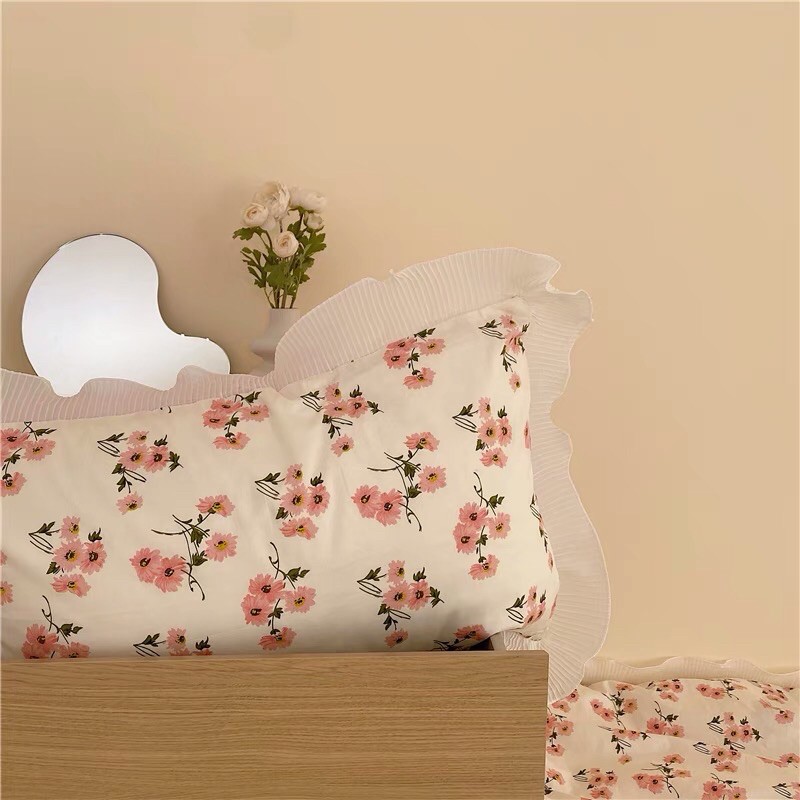 Set Chăn Ga Chùm Hoa Hồng Viền Bèo Cotton Mềm Mát Cực Xinh(Shinbedding_store)