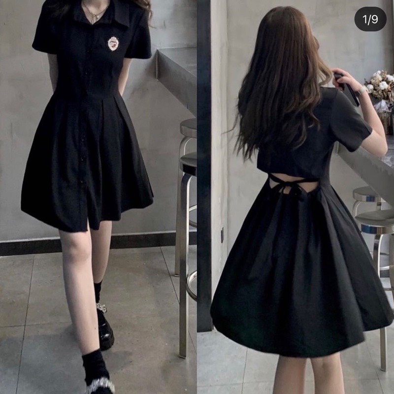 ĐẦM CỔ SƠ MI ĐEN CUT OUT CỘT NƠ LƯNG XIN XẮN DIVIA DRESS