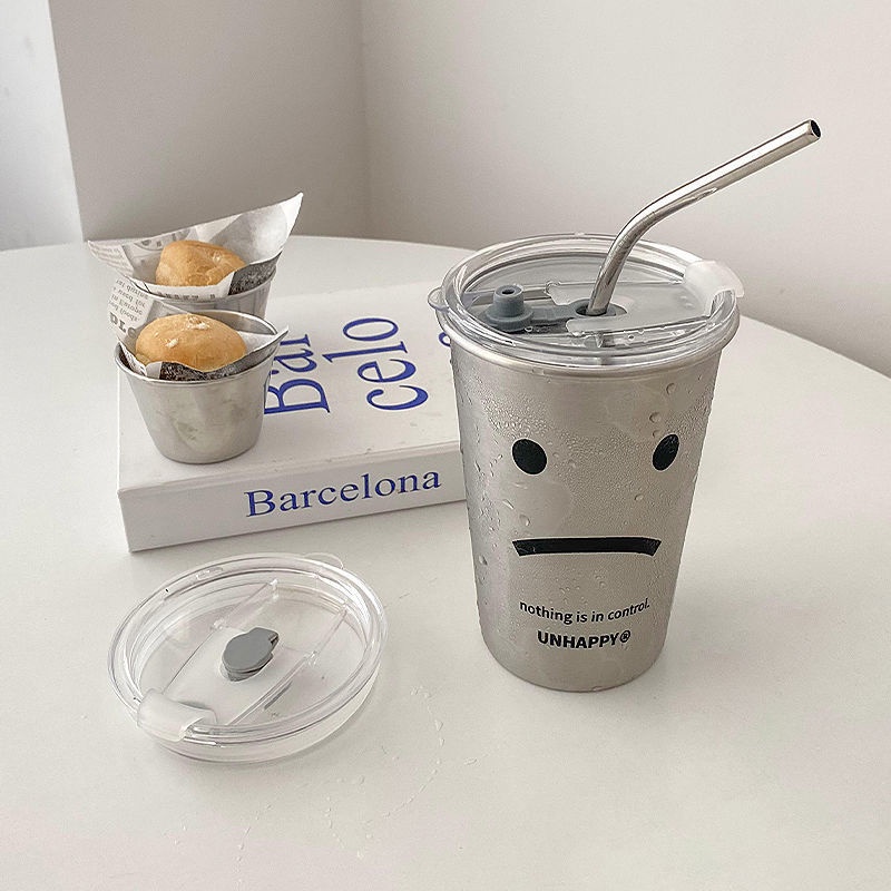 Cốc Uống Nước Bằng Thép Không Gỉ 304 Có Nắp Và Ống Hút Chống Rơi Tiện Dụng