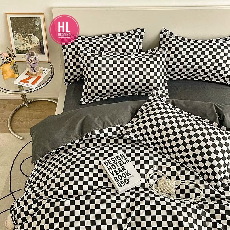 Bộ chăn ga Cotton Poly HL bedding chăn ga Hàn Quốc Bàn cờ vua caro ô vuông đen trắng nhỏ đủ size miễn phí bo chun