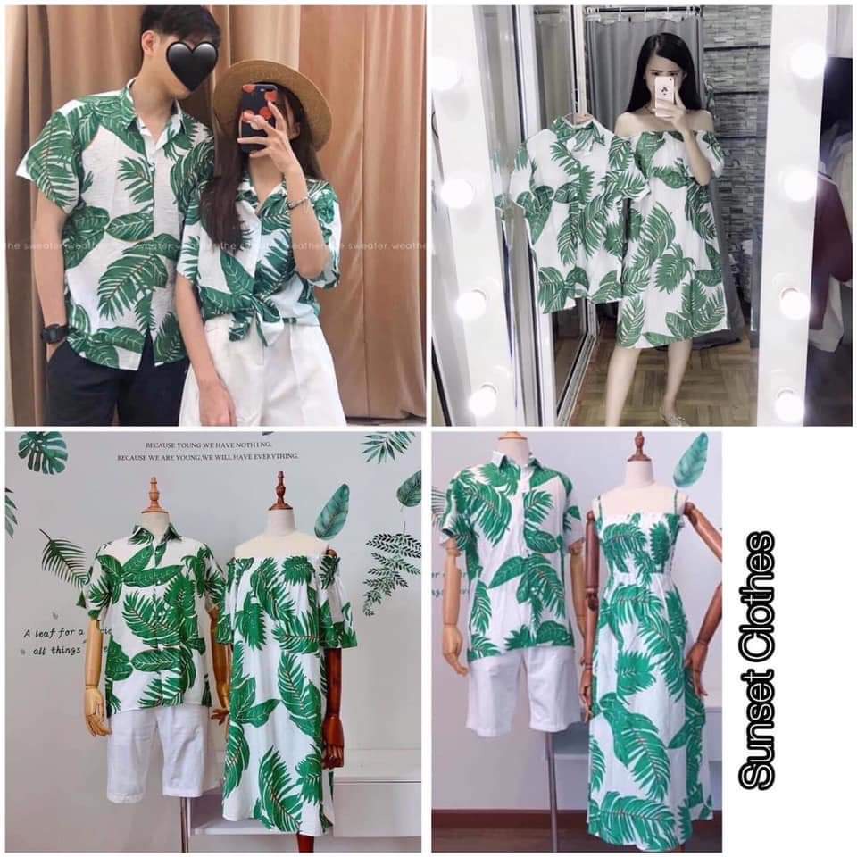 Bộ đi biển nhóm - gia đình họa tiết lá xanh vải đũi cao cấp, đồng phục du lịch biển hoa lá