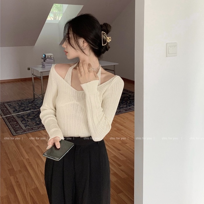 QKOOLE Áo dệt kim  in họa tiết đơn giản thời trang Hàn Quốc cho nữ