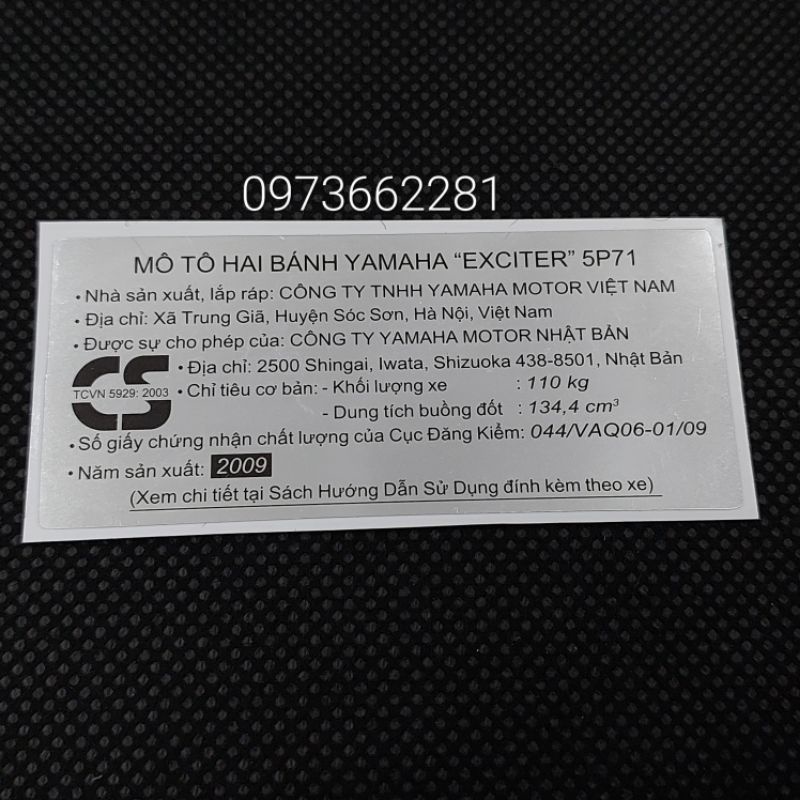 Tem dán càng gắp EXCITER 2009. 5P71, Tem thông số năm Sản xuất 135