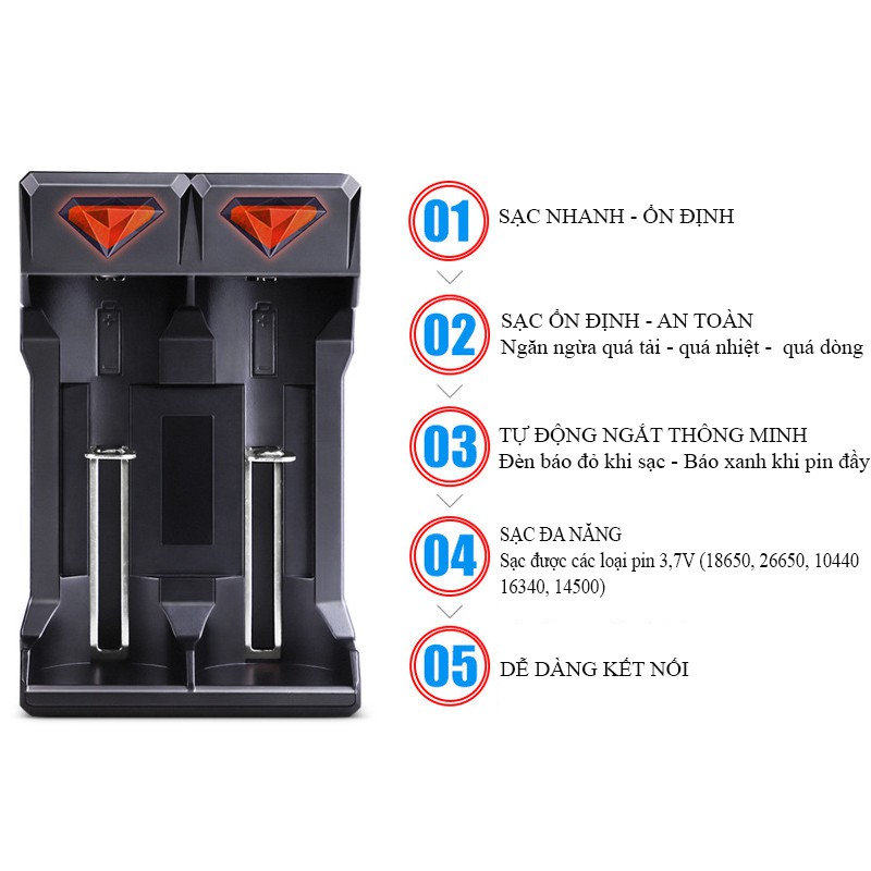 Bộ sạc Pin Lithium 3,7V thông minh Doublepow 2 khe sạc - sạc pin 18650 26650 21700 10440 16340 - UK21 (