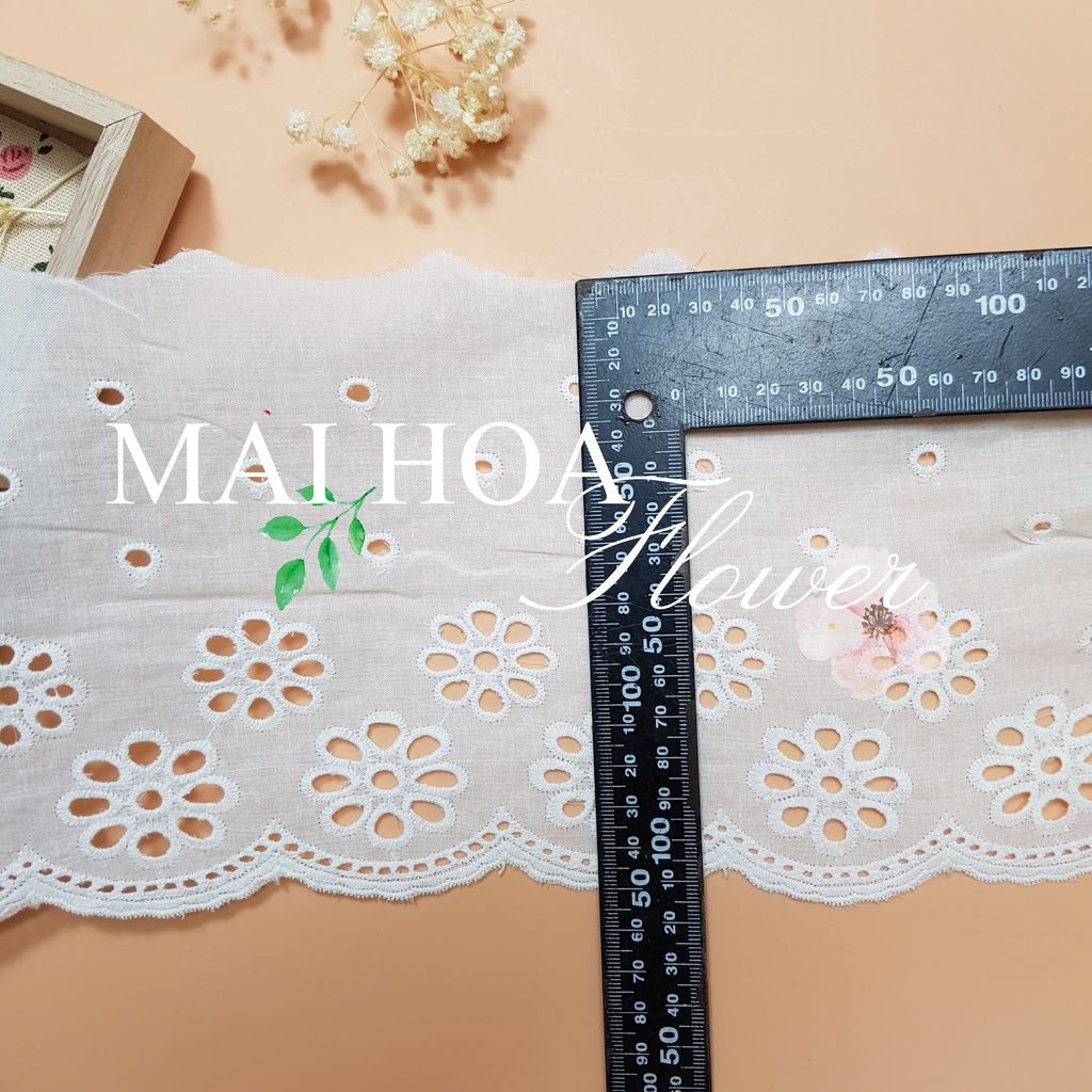 Dây viền vải ren thô boi trắng B18 thêu hoa dùng làm cổ váy áo và gấu váy áo, Maihoaflower