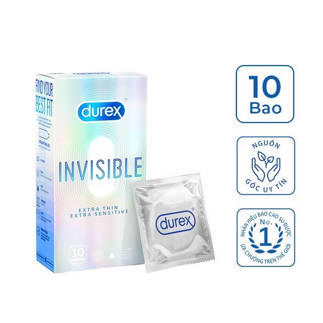 Bao cao su Durex Invisible bcs siêu mỏng nhiều gel bôi trơn 10 bao