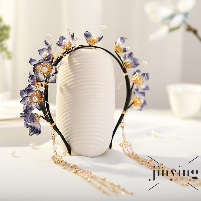 GETNOIVAS Cài tóc phối tua rua xỏ ngọc trai và hoa xanh dương phong cách Trung Hoa handmade
