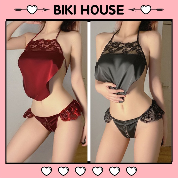 Set đồ ngủ lụa hở lưng quyến rũ dễ thương áo ngủ yếm sexy đỏ đen trắng gợi cảm BIKI HOUSE N114 - HCM - Hỏa Tốc