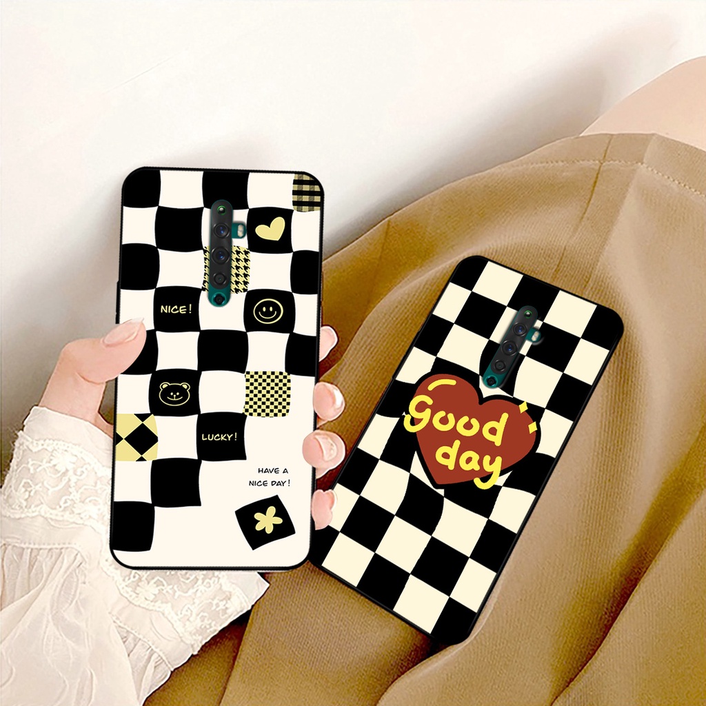 Ốp lưng Oppo Reno 2 / Reno2 F - Reno 2f in hoạ tiết caro trái tim đen trắng, gấu bear cute đáng yêu