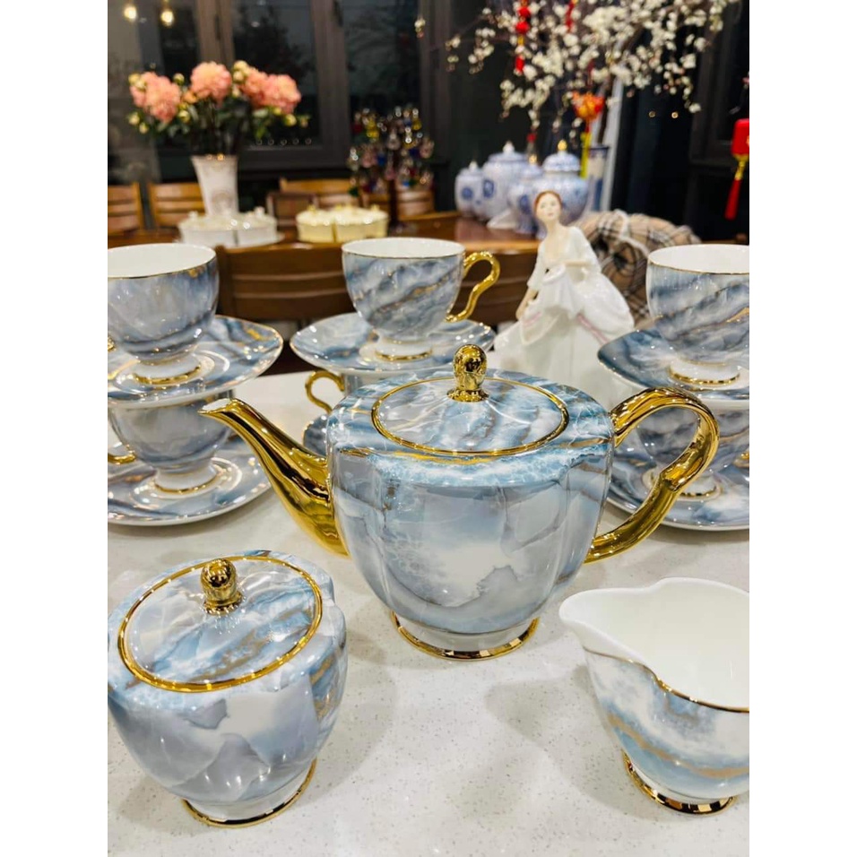 Bộ bình trà, cà phê sứ xương màu xanh vân đá kèm bình đường rót sữa viền vàng cao cấp